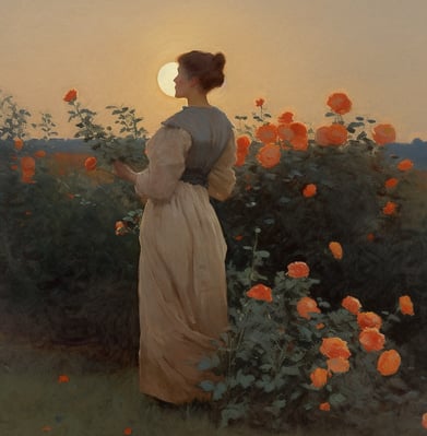 digital oil painting of a woman in front of a coral rose bush at dawn hour