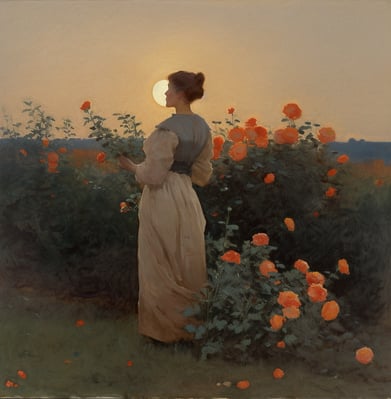 digital oil painting of a woman in front of a coral rose bush at dawn hour