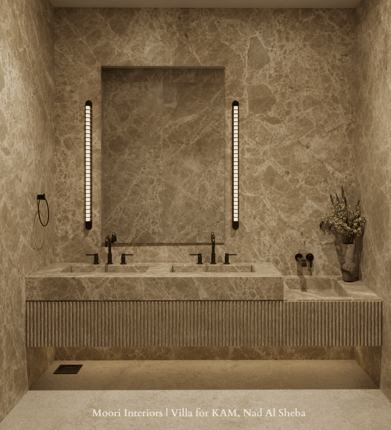 Double sink vanity with a ribbed base and a marble countertop.