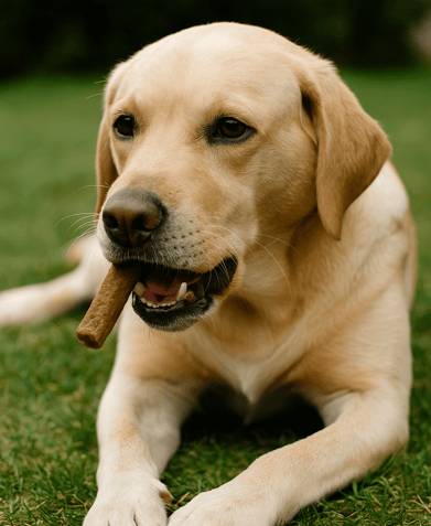 alt="Labrador chewing calming hemp treat for anxiety"