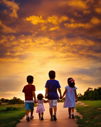 four japanese children holding hands and walking down a path