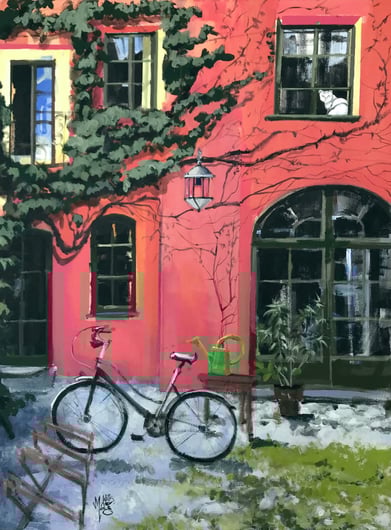 Red house, acrylic painting, Mag Wilk
