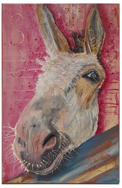 a painting of a donkey head with a pink background