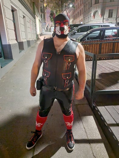 Man on ht estreet in a pup mask and gear.