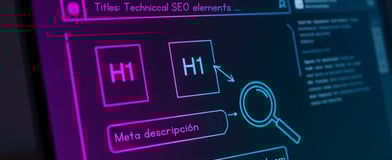 Pantalla de portátil con esquema de SEO técnico mostrando etiquetas H1, meta descripción, lupa y URL Egremy Digital en neón.