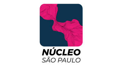 a pink and blue square logo with a woman in a pink dress