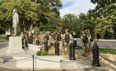 Dr. Hooton and students at Ulysses S. Grant statue, discussing Civil War memory at West Point