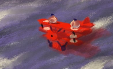 a red airplane with two people on it