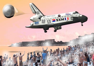 Space shuttle flying low over Maho Beach crowd