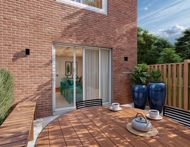 Imagem de área de lazer ou área gourmet, com tijolo à vista em Londres, projeto de reforma 
