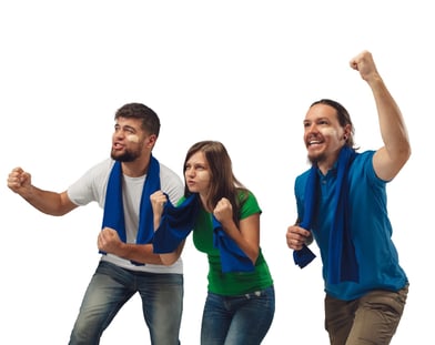 a group of people standing in front of a white background