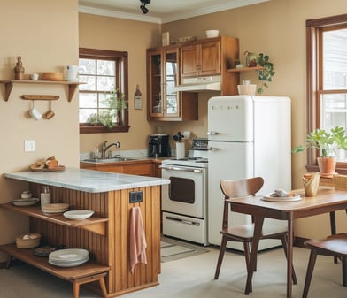 a kitchen with a table and chairs and a refrigerator