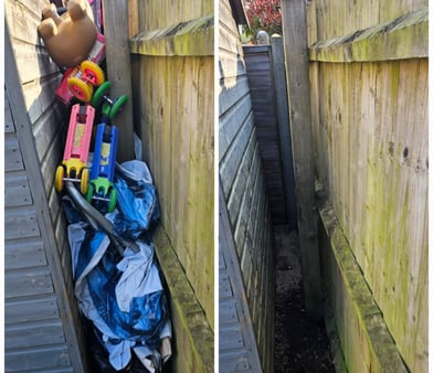 before and after picture of waste cleared from side of a shed in worcester