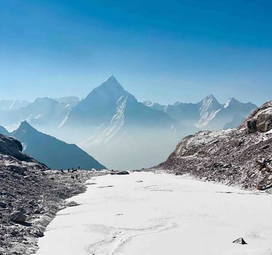Crossing the Cho La Glacier in Nepal, surrounded by snow-capped peaks.
