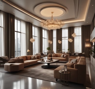 a hotel room with a large window and a chandelier