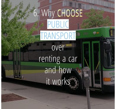 Bus on a bus stop & sign 'Why choose public transport over car rental and how public transport works