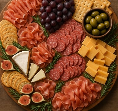 a platter of cheese and crackers on a wooden board
