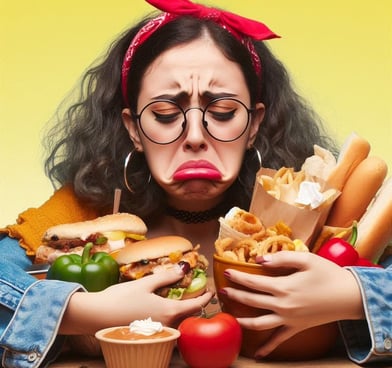 Mulher jovem com expressão triste segurando fast foods como hambúrguer, batata frita e refrigerante,