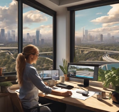 A REALISTIC IMAGE OF A REMOTE WORKER WORKING  FROM HOME WHILE WATCHING BUSY FREEWAY FROM HER KITCHEN