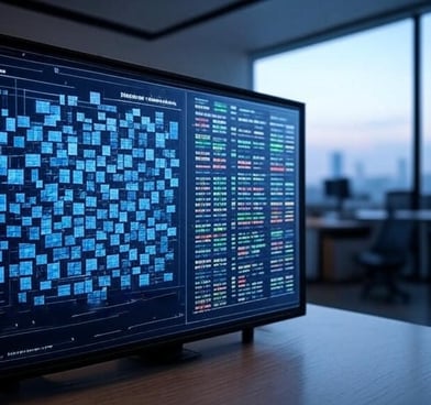 view from modern office with monitor displaying a complex visual