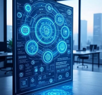 display showing a futuristic interface to networked systems