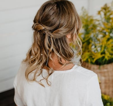 Bride with medium long hair wears half up half down "effortless" hairstyle