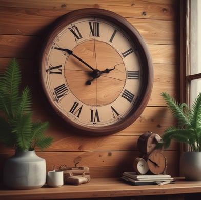 A large, intricate clock mechanism stands against the backdrop of a circular window with Roman numerals that let in natural light. The room appears filled with various mechanical parts and industrial elements. The clock parts are a combination of gears, pulleys, and levers.