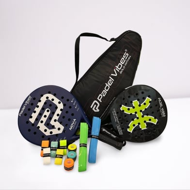 Custom Vibes collection by Padel Vibes featuring two co-branded padel rackets, colorful overgrips, and a black Padel Vibes Bo