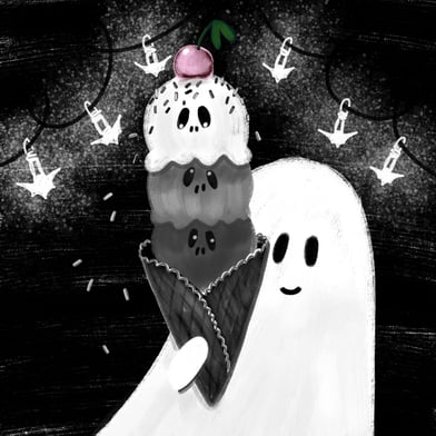 Digitale Bilderbuchillustration Halloween Rezeptillustration, ei. Geist mit einer riesigen Waffel Eiscreme 