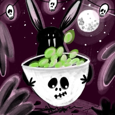 Digitale Bilderbuchillustration Halloween Rezeptillustration mitSnack Edamame in einer Schüssel, die von einer Flederma gehal