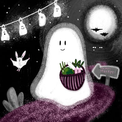 Digitale Bilderbuchillustration Halloween Rezeptillustration, ein Geist kommt vom Einkaufen auf dem Farmers Market zurück