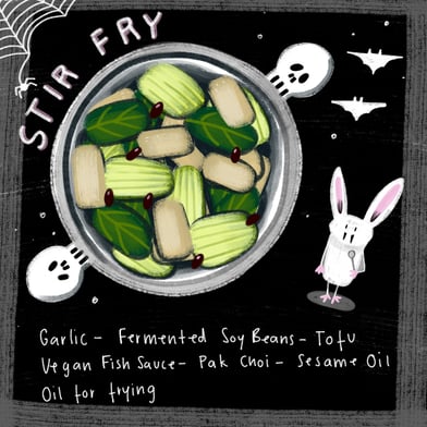 Digitale Bilderbuchillustration Halloween Rezeptillustration Stir Fry mit einer weißen Fledermaus