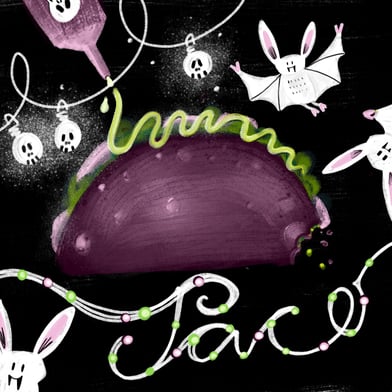 Digitale Bilderbuchillustration Halloween Rezeptillustration mit Taco mit einer weißen Fledermaus