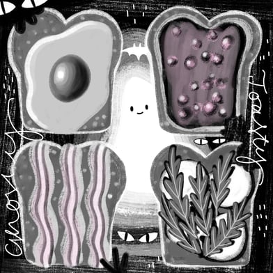 Digitale Bilderbuchillustration Halloween Rezeptillustration Toast und verschiedene Toppings und ein Geist