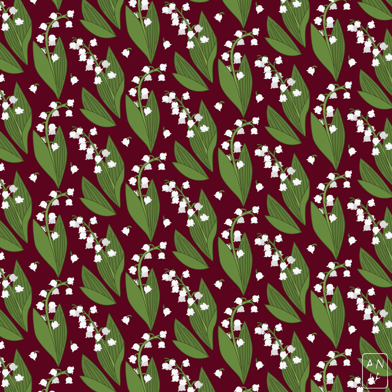 Lily of the Valley vector pattern on maroon background