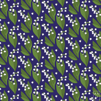 Lily of the Valley vector pattern on blue background