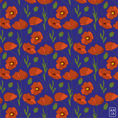 Poppy Vector Pattern on Blue Background