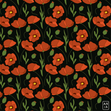 Poppy Vector Pattern on Black Background