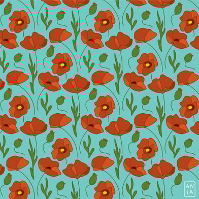 Poppy Vector Pattern on Cyan Background