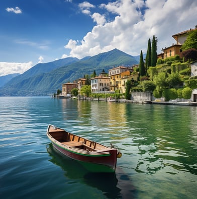 a boat on the water with a mountain in the background