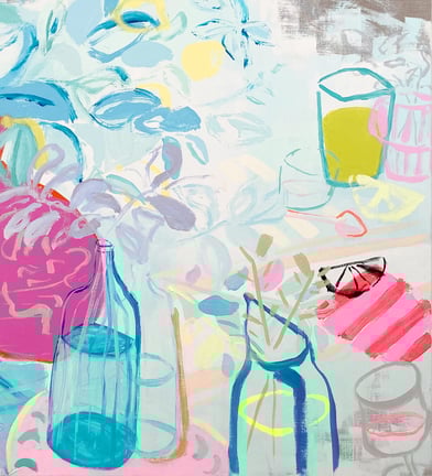 Lena Sin, still life, original art painting of a vase with flowers in a vase
