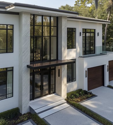 residential exterior view all white modern house