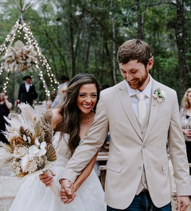 happy wedding couple who got great coordination