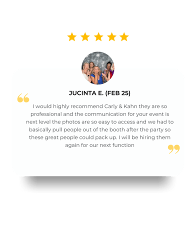 5 star Google review from Jucinta in February 2025 for photo booth hire they were professional and communication next level