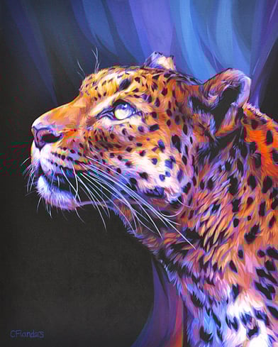 a painting of a leopard gazing up at a light source with blue highlights