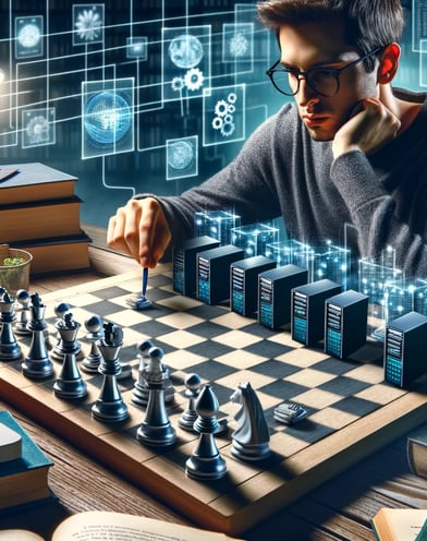 a man playing chess in a room with many books