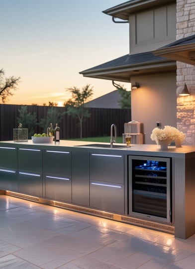a kitchen with a large outdoor kitchen and a pool