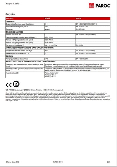 Paroc BLT sertifikatai