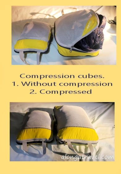 picture comparing  travel compression cubes with compression and with no compression .