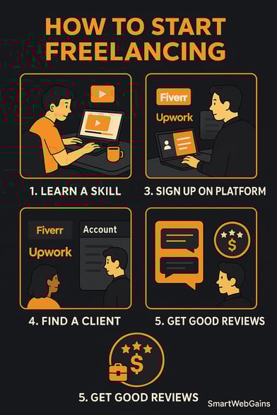 Infographic showing 5 steps to start freelancing in 2025 — learning a skill, creating a portfolio, s